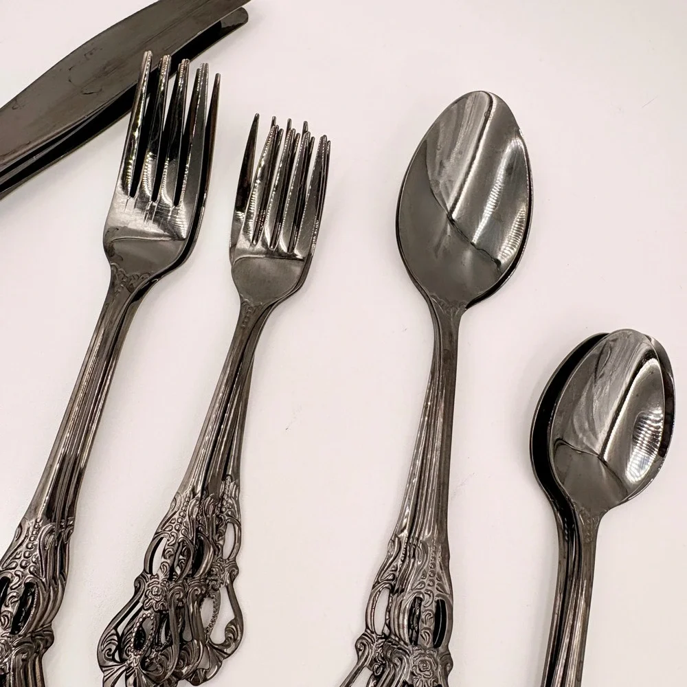 Baroque Gunmetal Black Rose Filigree Flatware 20pc Gothic Victorian Halloween